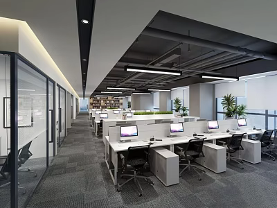 Modern Public Office Space With Workstations Computers Glass Partitions And Green Plants 3d model