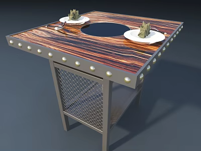 Modern Dining Table Set With Square Wood Grain Top Black Circular Center And Metal Legs 3d model