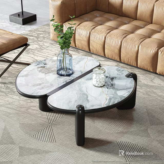 Modern Split Round Marble Top Coffee Table With Black Metal Legs And Leather Sofa Decor 3d model 