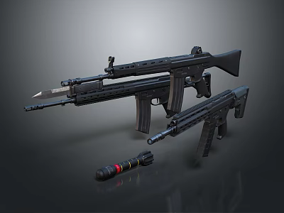 Modern Military Weapons Display Featuring Assault Rifles And Hand Grenade 3d model