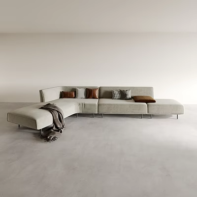 Modern Asymmetrical Sofa with Irregular Sectional Design and Mixed Color Cushions in Minimalist Living Room 3d model