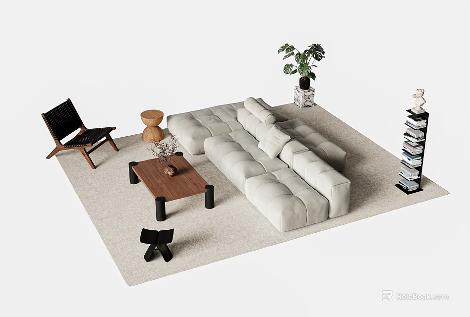 Minimalist Beige Sofa and Coffee Table Set with Wooden Top Black Chair and Green Plant 3d model 