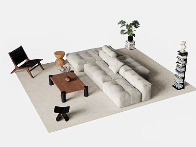 Minimalist Beige Sofa and Coffee Table Set with Wooden Top Black Chair and Green Plant 3d model