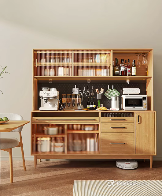 Modern Wooden Sideboard Interior with Open Shelves Drawers Wine Bottles Coffee Machine and Microwave 3d model 