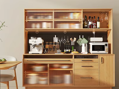 Modern Wooden Sideboard Interior with Open Shelves Drawers Wine Bottles Coffee Machine and Microwave 3d model