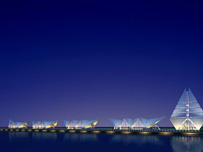 Illuminated Waterfront Buildings With Triangular Roofs And Water Reflection At Night 3d model