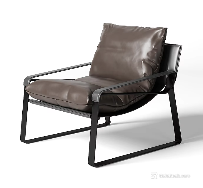 Modern Leisure Chair With Brown Leather Cushion And Black Metal Frame 3d model 
