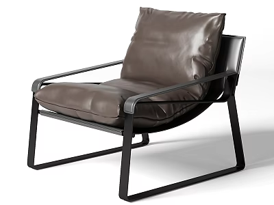 Modern Leisure Chair With Brown Leather Cushion And Black Metal Frame 3d model