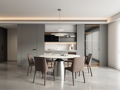 Modern Restaurant Dining Area With Open Kitchen Round Table Leather Chairs And Pendant Light 3d model