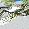 Modern Building Facade with Black White Green Stripes Wavy Structure Blue Sky Trees Background