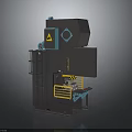 Industrial Heavy Duty Press Machine Featuring Gray Body Blue Components Yellow Warning Signs Safety Railings