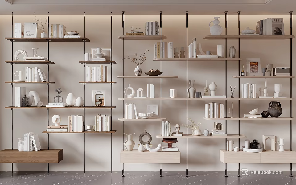 Modern Living Room Shelving Unit With Books Decorative Vases And Sculptures 3d model 