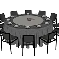 Modern Dining Table Set With Round Table Black Chairs Gray Tablecloth And White Plates 3d model