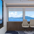 Modern Conference Room Interior With Large Windows Scenic View Chandelier And Decorative Landscape Wall