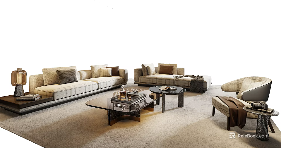 Modern Stylish Sofa Coffee Table Combination With Plush Cushions And Glass Table Top 3d model