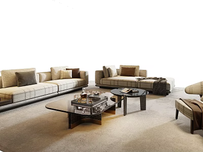 Modern Stylish Sofa Coffee Table Combination With Plush Cushions And Glass Table Top 3d model