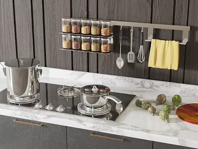 Modern Kitchen With Gas Stove Stainless Steel Pot Marble Countertop Wall Spice Rack And Utensils 3d model