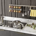 Modern Kitchen With Gas Stove Stainless Steel Pot Marble Countertop Wall Spice Rack And Utensils