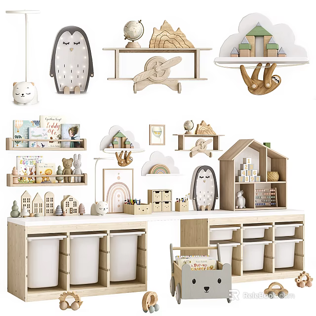Wooden Animal Dolls And Playhouse On Shelves With Storage Cabinets 3d model 