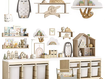 Wooden Animal Dolls And Playhouse On Shelves With Storage Cabinets 3d model
