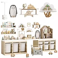 Wooden Animal Dolls And Playhouse On Shelves With Storage Cabinets