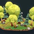 Vibrant Cartoon Scene With Green Trees Blue Car Small Character Grassland And Water Area