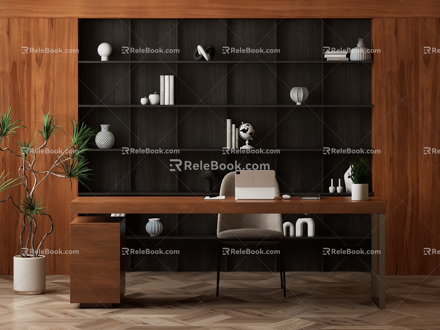 Study Bookcase Desk Antique Desk and Chair Office Desk and Chair Green Plant Potted Plant 3d model