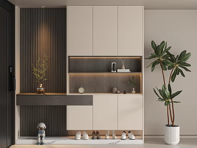 Modern Minimalist Shoe Cabinet With LED Lighting Open Shelves And Decorative Plants 3d model