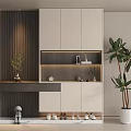 Modern Minimalist Shoe Cabinet With LED Lighting Open Shelves And Decorative Plants