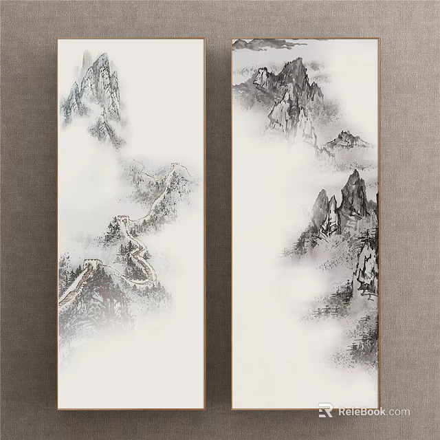 Vertical Scroll Traditional Chinese Landscape Painting with Misty Mountains Great Wall and Ink Wash 3d model 