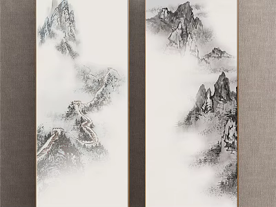 Vertical Scroll Traditional Chinese Landscape Painting with Misty Mountains Great Wall and Ink Wash 3d model