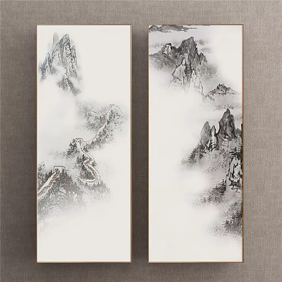 Vertical Scroll Traditional Chinese Landscape Painting with Misty Mountains Great Wall and Ink Wash 3d model