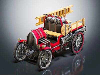 Vintage Fire Truck With Wooden Ladder Red Body And Classic Equipment 3d model
