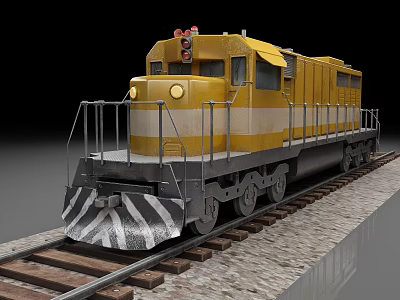 Yellow Locomotive On Railway Tracks With Metal Railings And Front Snow Plow 3d model Yellow Locomotive On Railway Tracks With Metal Railings And Front Snow Plow 3d model