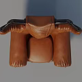 Brown Leather Single Chair With Curved Horn Shaped Arms And Black Tapered Legs