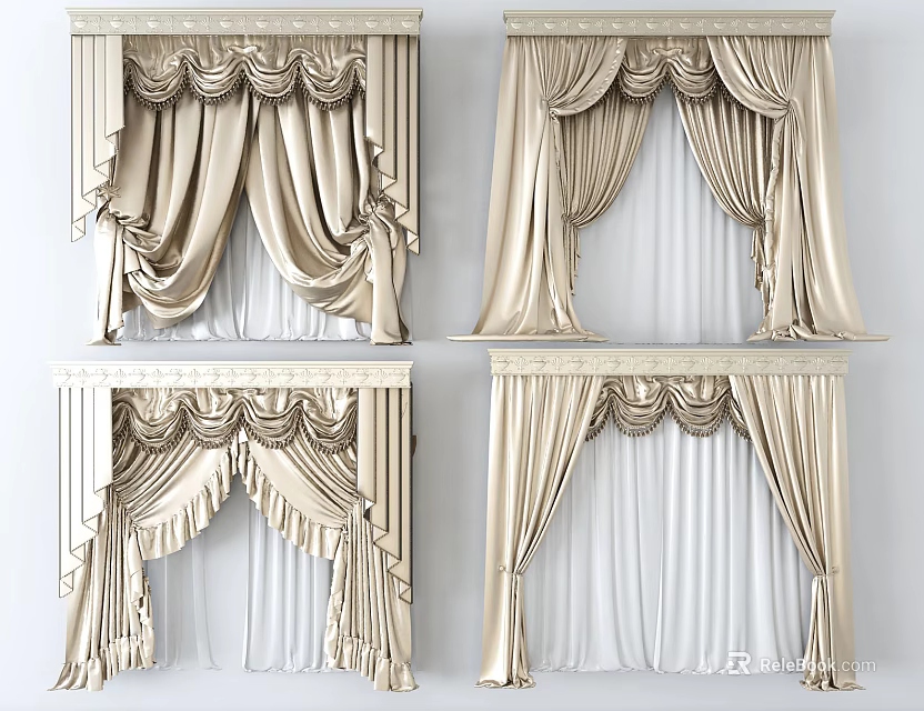 Elegant Luxurious Pleated Curtains With Decorative Valance And Beige Fabric Design 3d model 