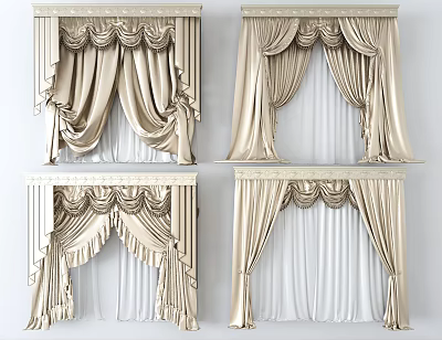 Elegant Luxurious Pleated Curtains With Decorative Valance And Beige Fabric Design 3d model