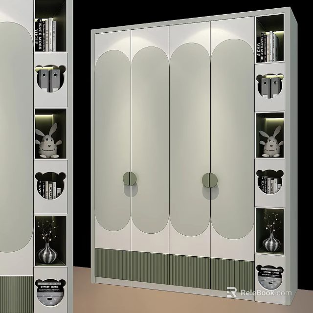 Modern Wardrobe Featuring Curved Doors Round Handles And Open Shelves With Decorative Vases And Figurines 3d model 