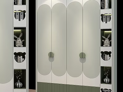 Modern Wardrobe Featuring Curved Doors Round Handles And Open Shelves With Decorative Vases And Figurines 3d model