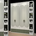 Modern Wardrobe Featuring Curved Doors Round Handles And Open Shelves With Decorative Vases And Figurines