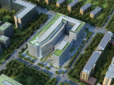 Modern Office Building with Green Roof Surrounded by Trees and Other Buildings 3d model