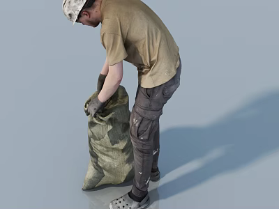 Man Wearing White Cap Tan Shirt Dark Pants Gloves Lifting Large Sack 3d model