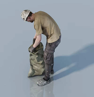 Man Wearing White Cap Tan Shirt Dark Pants Gloves Lifting Large Sack 3d model Man Wearing White Cap Tan Shirt Dark Pants Gloves Lifting Large Sack 3d model
