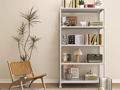 White Multi Tiered Bookshelf With Books Decorations Lamp Photo Frame Near Wicker Chair And Plant 3d model