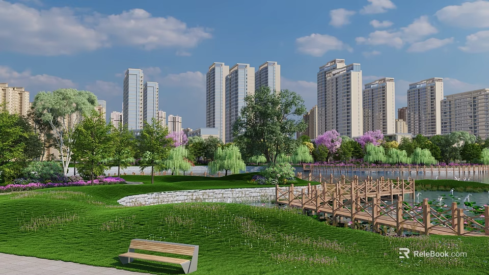 Scenic Park Landscape With Modern High Rise Buildings Green Lawn Trees Purple Flowers And Bench 3d model 