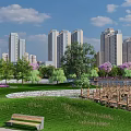Scenic Park Landscape With Modern High Rise Buildings Green Lawn Trees Purple Flowers And Bench