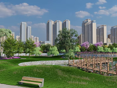 Scenic Park Landscape With Modern High Rise Buildings Green Lawn Trees Purple Flowers And Bench 3d model