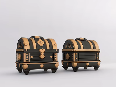 Ornate Black And Gold Treasure Chests With Decorative Metal Accents And Feet 3d model