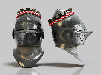 Medieval Knight Helmets With Red White Rope Trim And Metallic Finish Pair 3d model