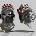 Medieval Knight Helmets With Red White Rope Trim And Metallic Finish Pair